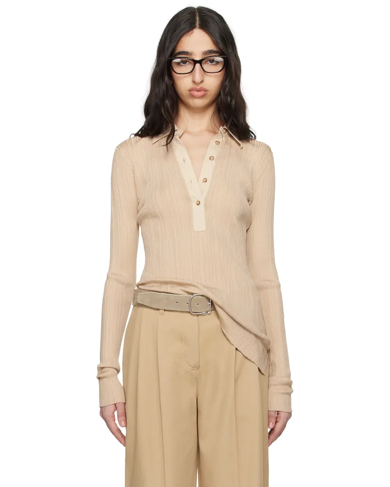 Totême Beige Half-Placket Knit Long Sleeve Polo Peanut