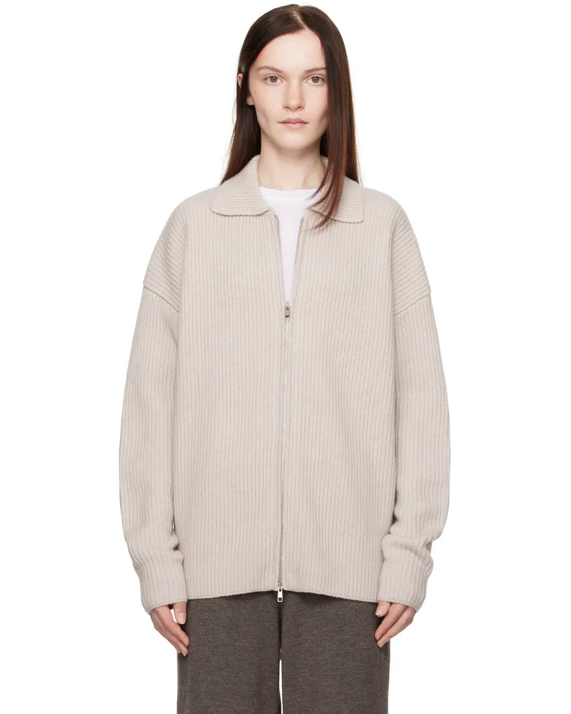 Aya Muse Beige Cashmere Collared Zip Cardigan Beige