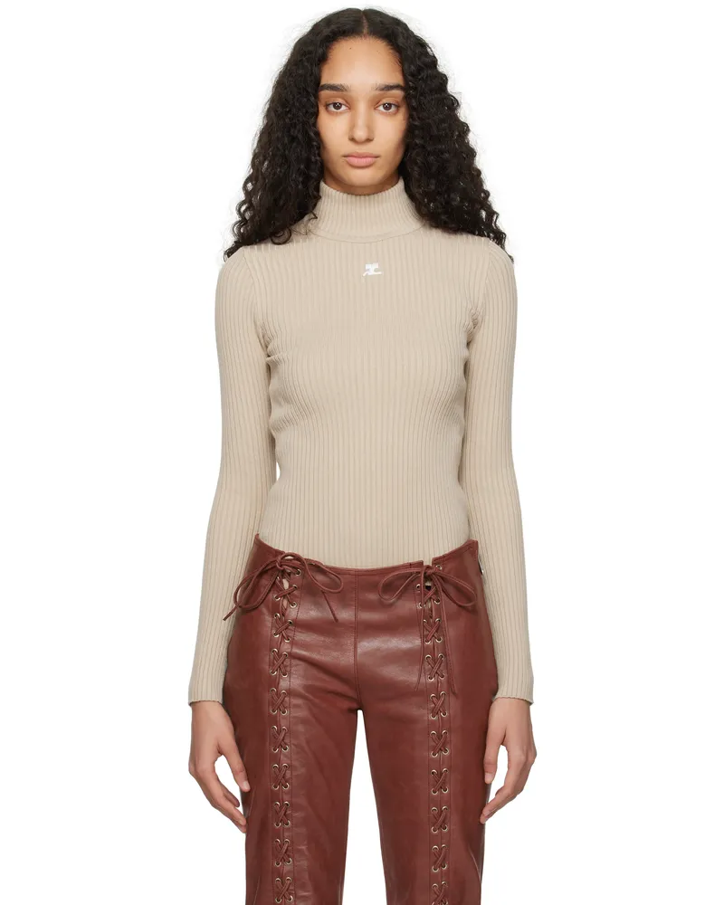 Courrèges Beige Reedition Rib Knit Mock Neck Sweater 1054