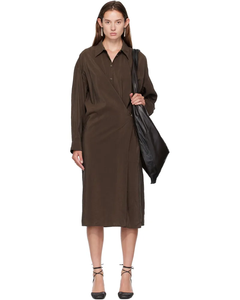 Christophe Lemaire Brown Straight Collar Twisted Midi Dress Br402