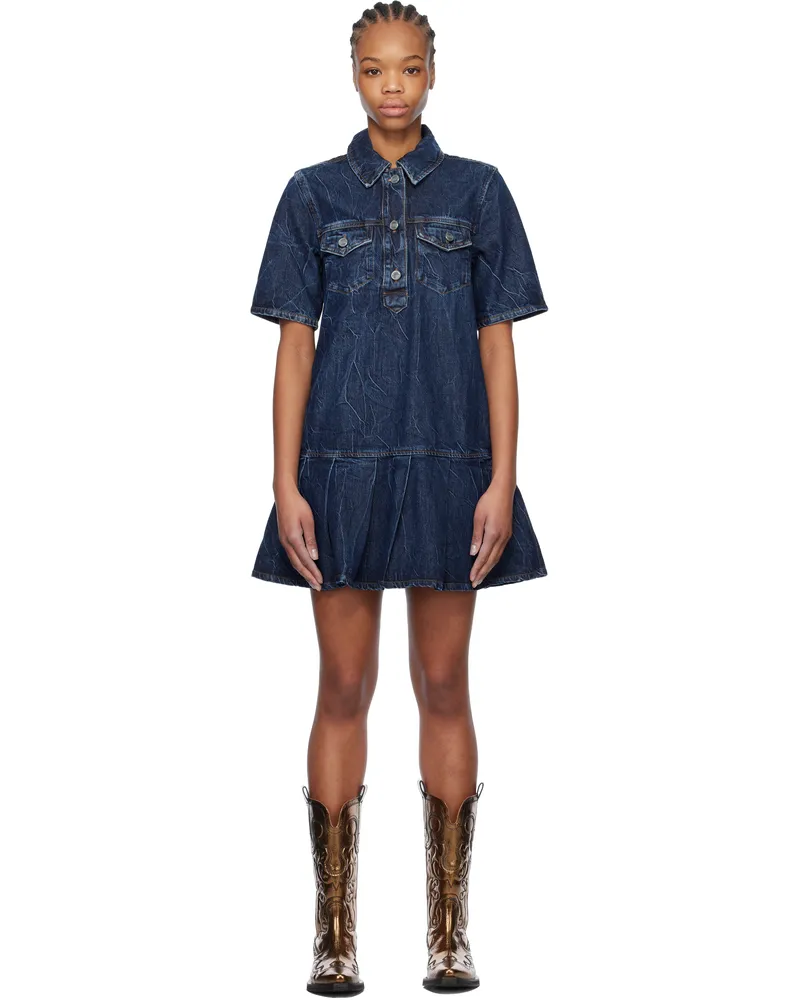 Ganni Blue Crinkled Future Denim Minidress 566