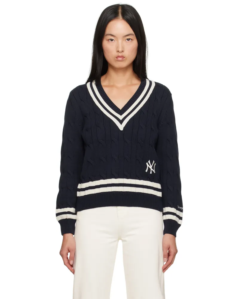 SPORTY & RICH Navy '47 Edition Yankees Serif Cable Knit Sweater 31