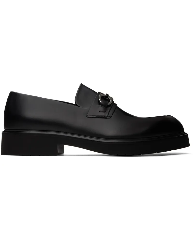 Ferragamo Black Gancini Ornament Loafers Nero