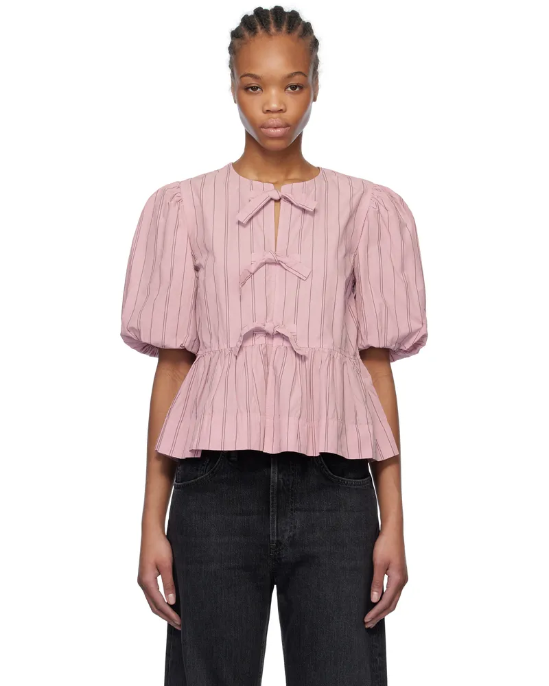 Ganni Pink Cotton Poplin Peplum Tie Blouse 395