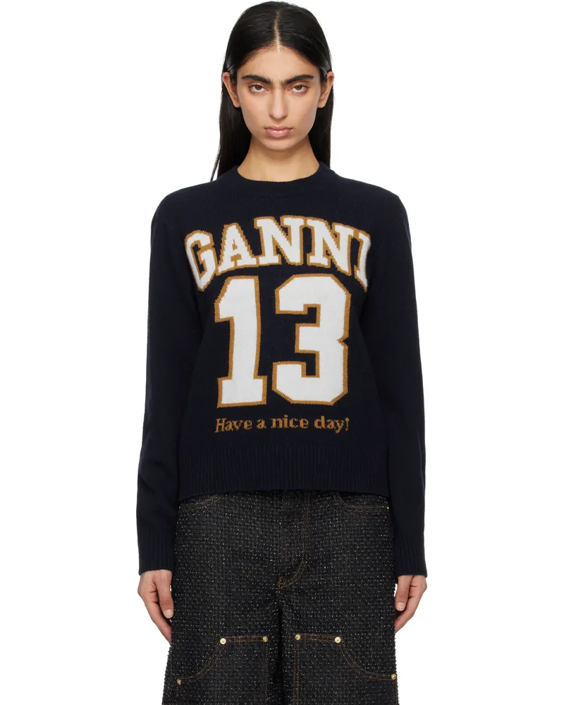 Ganni Navy Graphic Wool Mix Baseball Sweater 683