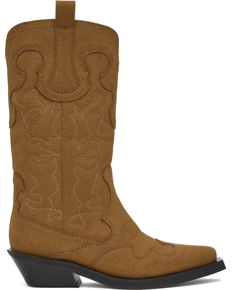 Ganni Brown Mid Shaft Embroidered Western Boots 925