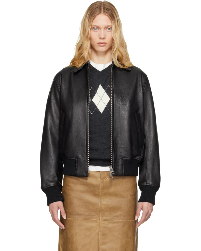 AMI Paris Black Zipped Leather Jacket Wool