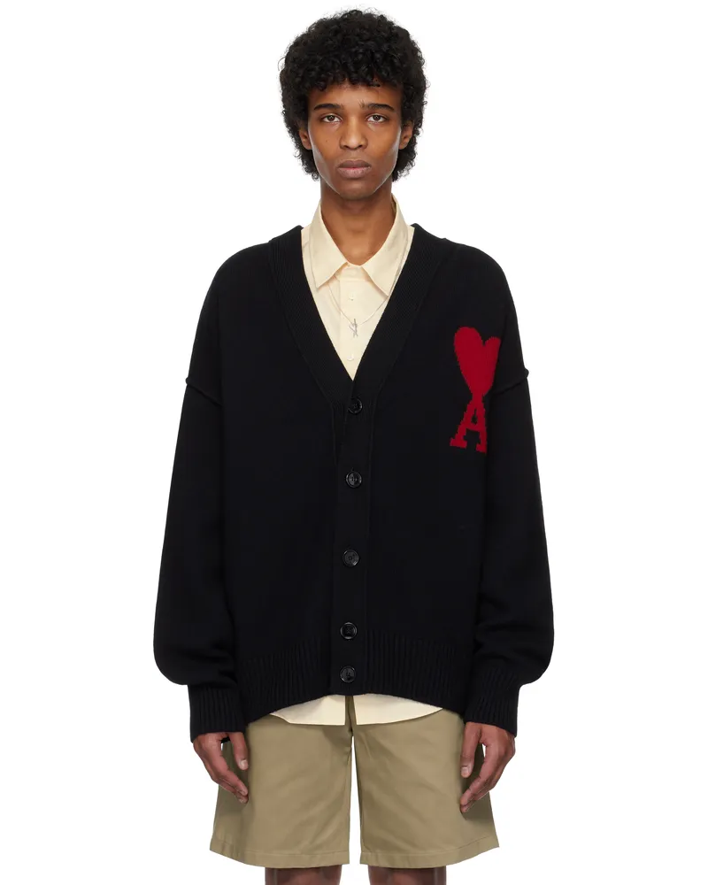 AMI Paris Black Wool Ami de Coeur Cardigan 009