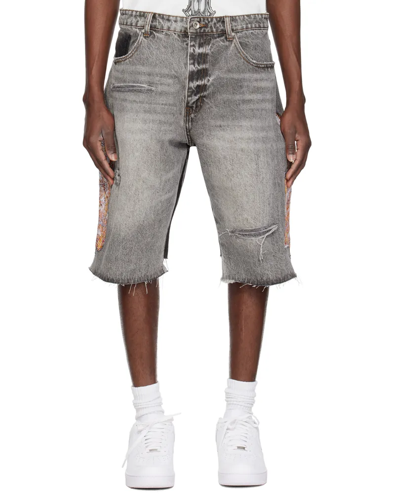 WHO DECIDES WAR Gray Flame Glass Knee Cover Denim Shorts Vintage