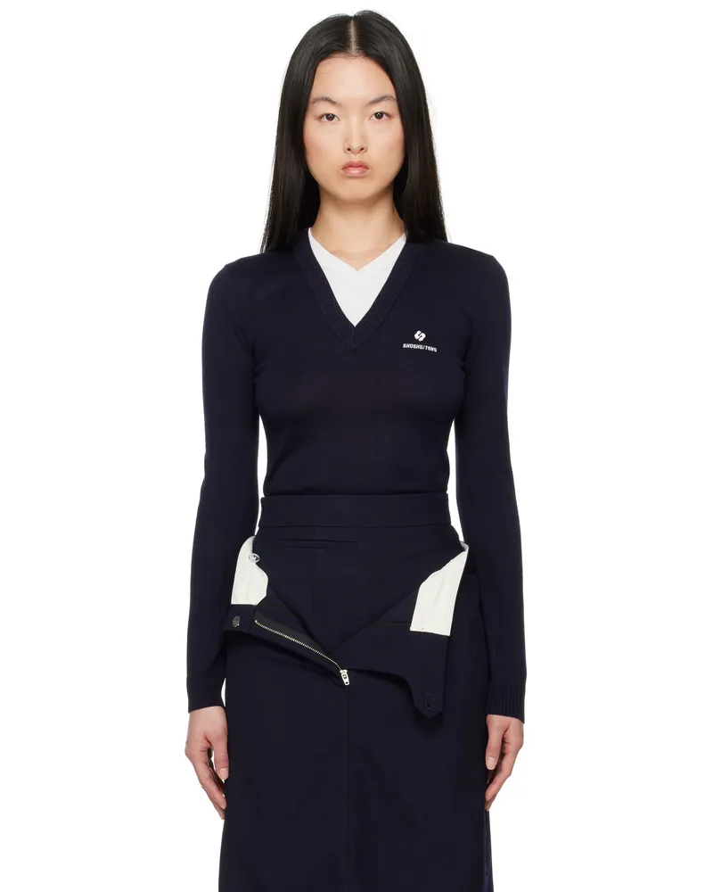 SHUSHU/TONG Navy Patchwork V-Neck Knit Sweater Na100
