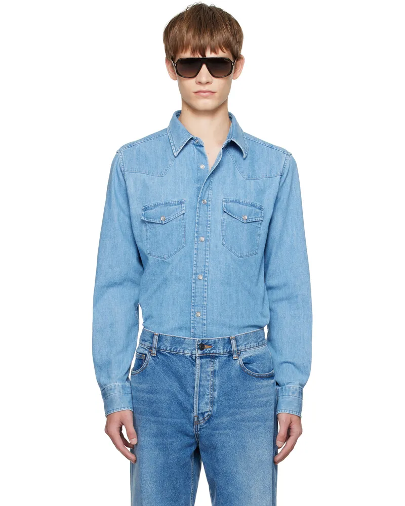 Tom Ford Blue Western Denim Shirt Hb414washed