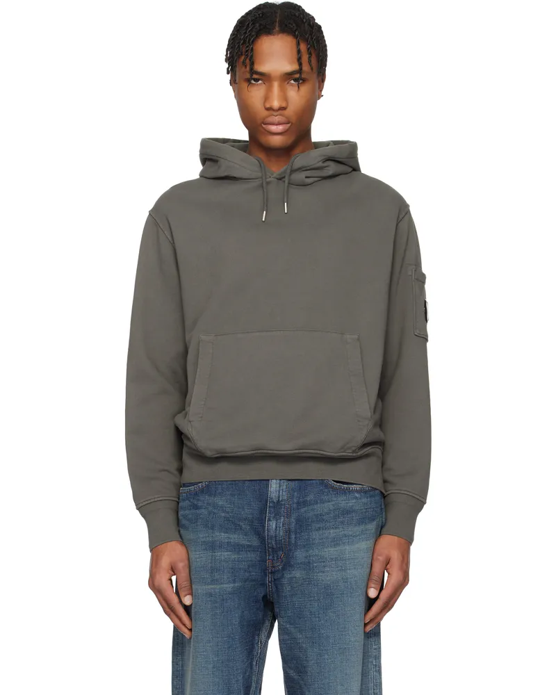 C.P. Company Gray Cotton Diagonal Fleece Resist Dyed Lens Hoodie 935