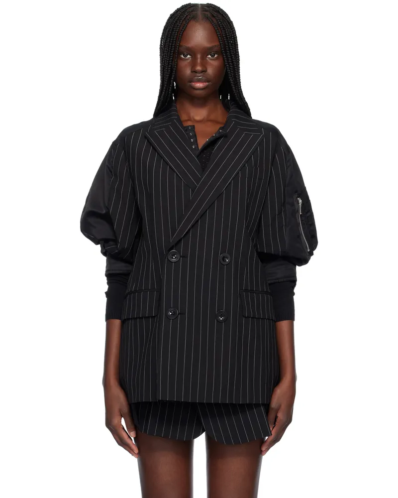 Sacai Black Wool Silk Suiting & Nylon Twill Blazer 816