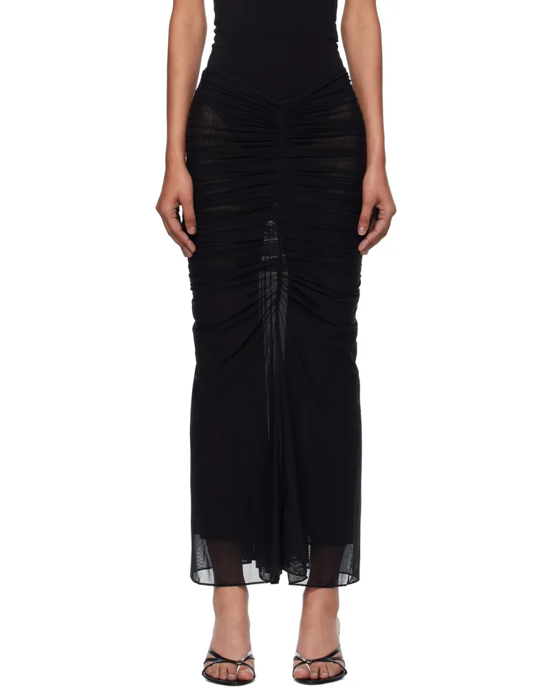 Thierry Mugler Black Ruched Mesh Midi Skirt 1999