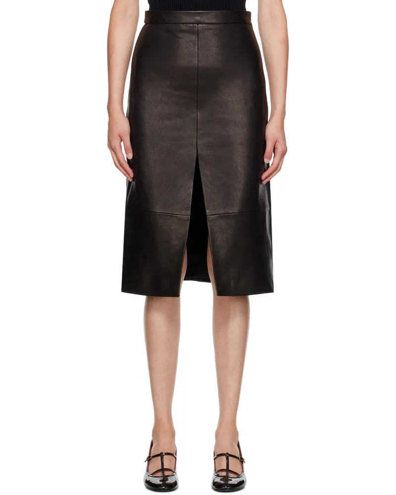 KHAITE Brown 'The Fraser' Leather Midi Skirt 200