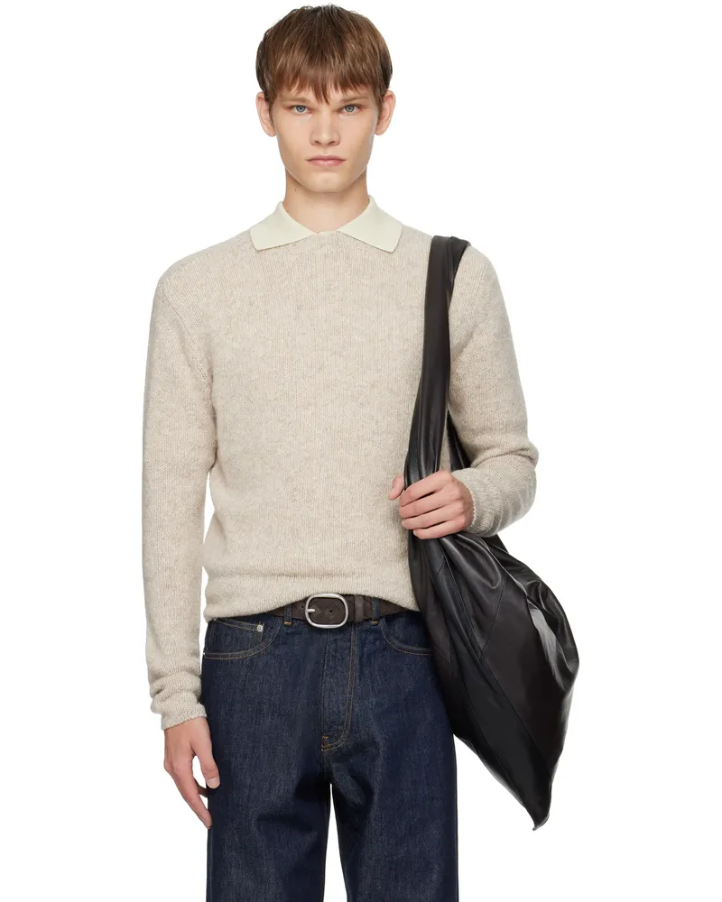 AURALEE Beige Cashmere Melange Knit Sweater Top