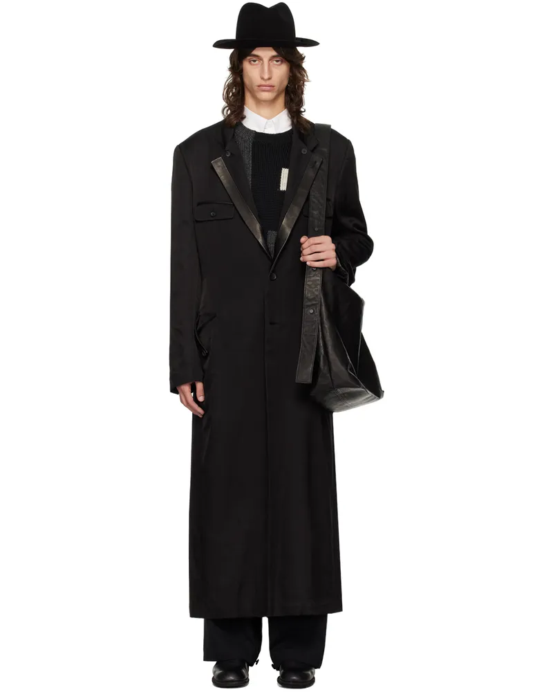 Yohji Yamamoto Black Leather Collar Long Coat Black