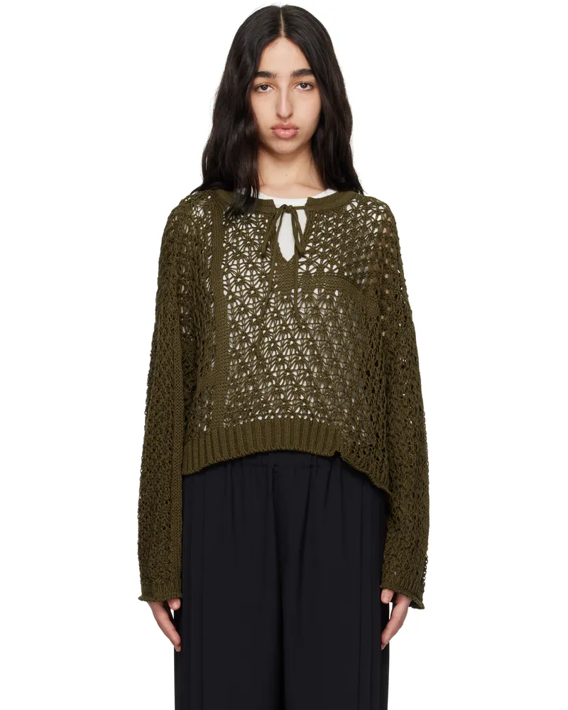 Yohji Yamamoto Khaki Openwork Design Henry Wide Sleeve Sweater 1
