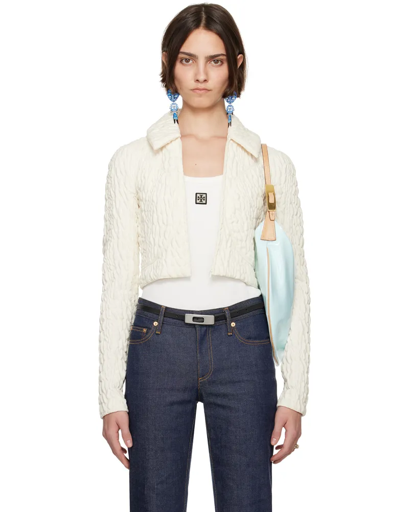 Tory Burch White Cropped Wool Silk Jacket Marshmallow