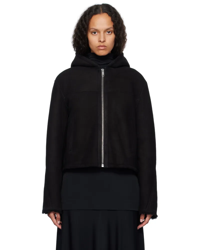 Yves Salomon Black Suede Merino Hooded Shearling Jacket C99
