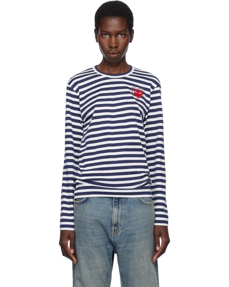 Comme des Garçons Navy & White Stripe Metal Stone Emblem Red Heart T-shirt 1
