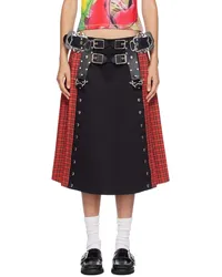 CHOPOVA LOWENA Black & Red Cadet Kilt Midi Skirt Black