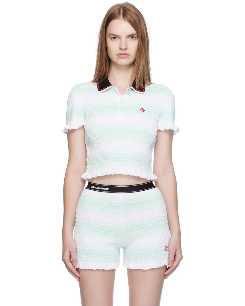 Casablanca Paris White & Green Stripe Shirred Polo Mint