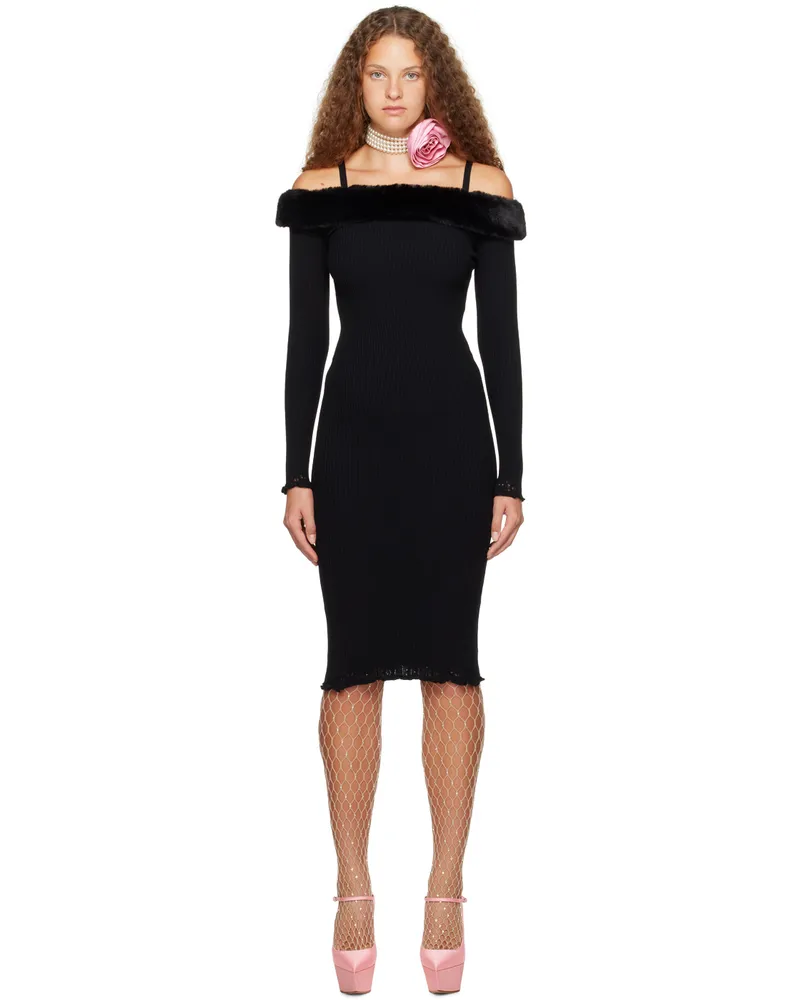 Blumarine Black Faux-Fur Midi Dress N0990