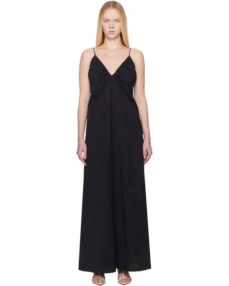 Róhe Black Hammered Silk V-Neck Strap Maxi Dress 001_308