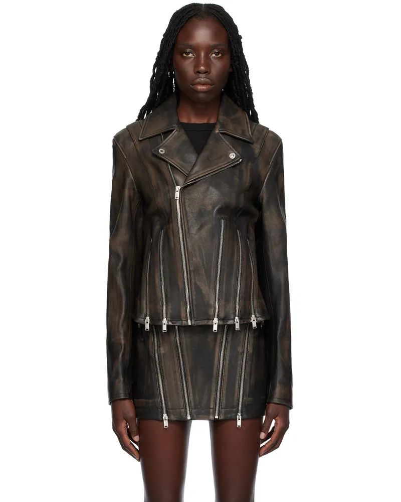 Dion Lee Black Off-The-Shoulder Leather Jacket Burnished