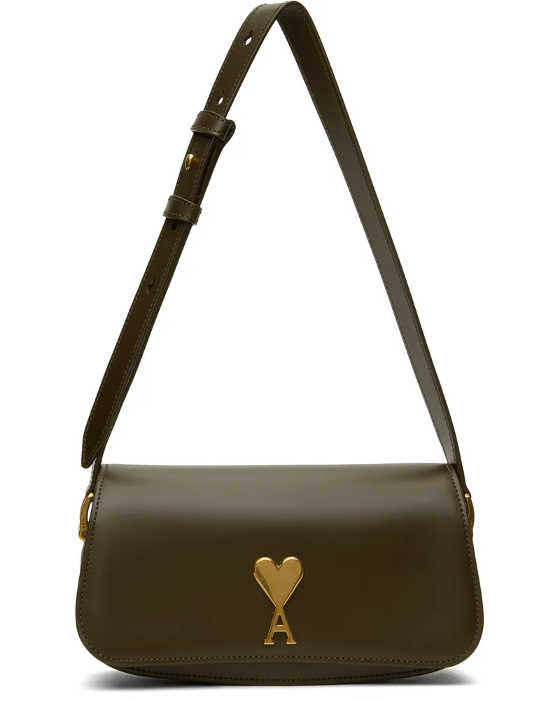 AMI Paris Khaki Leather Paris Paris Shoulder Bag Black
