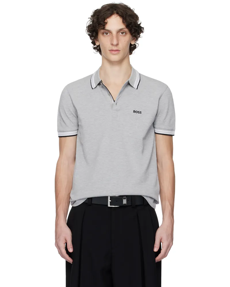 HUGO BOSS Gray Paddy Cotton Piqué Logo Undercollar Polo 042-silver