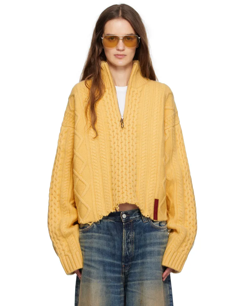 Martine Rose Yellow Cropped Cable Half Zip Sweater Beige