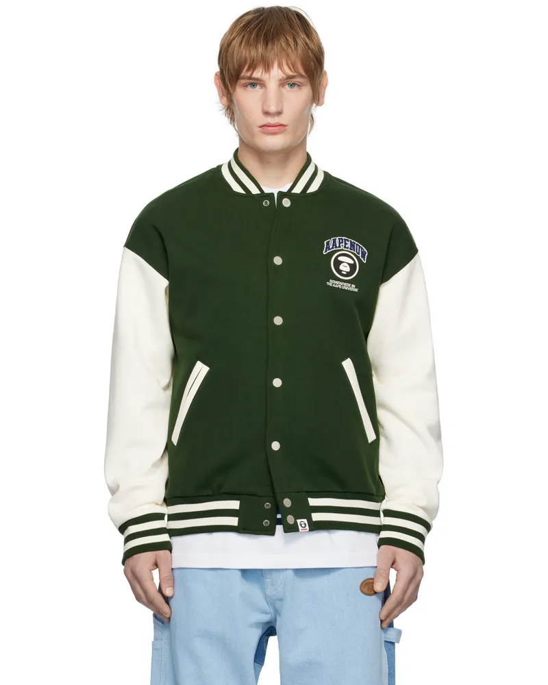 AAPE by A Bathing Ape Green & White 'AAPE NOW' Moonface Logo Baseball Jacket Grd