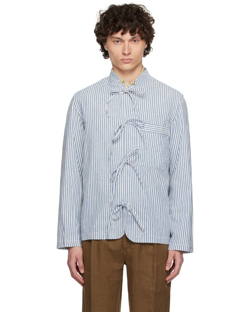 Drake's Blue & White Grandad Collar Tie Stripe Shirt 202