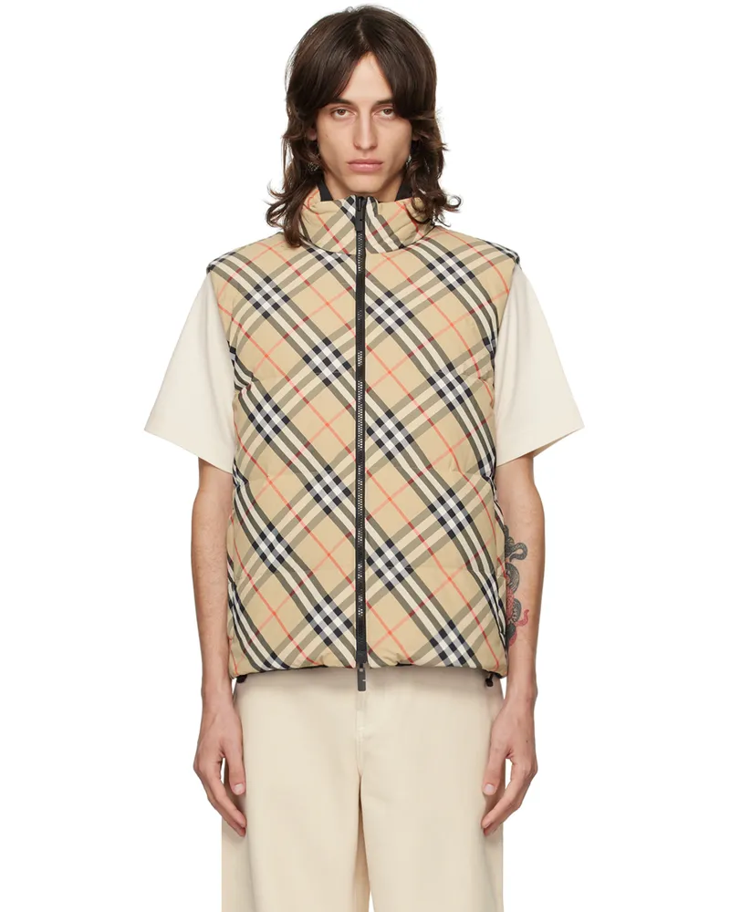 Burberry Beige Check Reversible Down Vest Sand