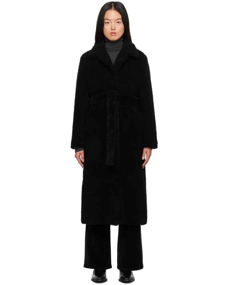 Youth Black Belted Faux-Shearling Coat Black
