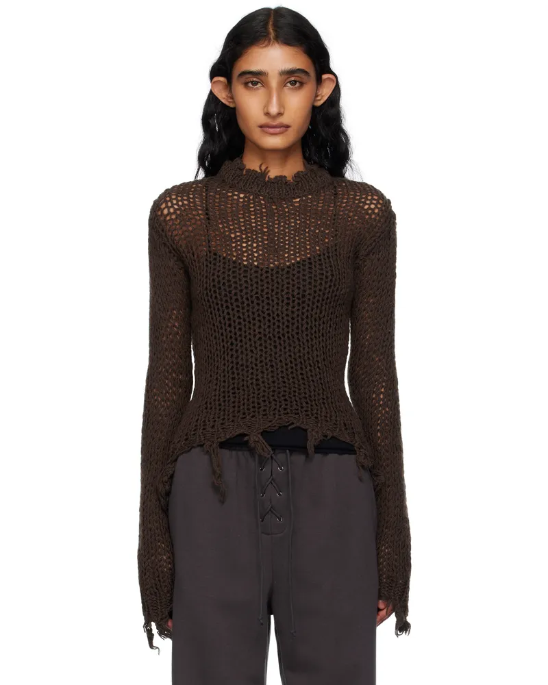 OPEN YY Brown Distressed Crop Knit Sweater Brown