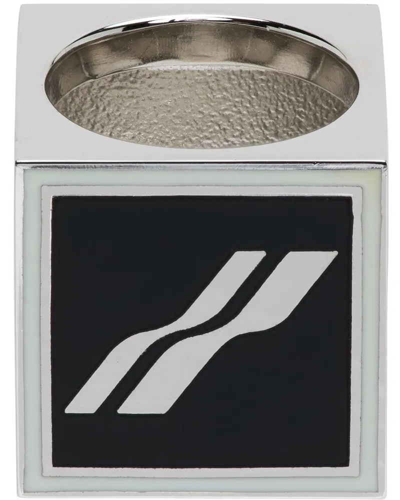 WE 11 DONE Silver & Black Square Logo Dice Ring Black