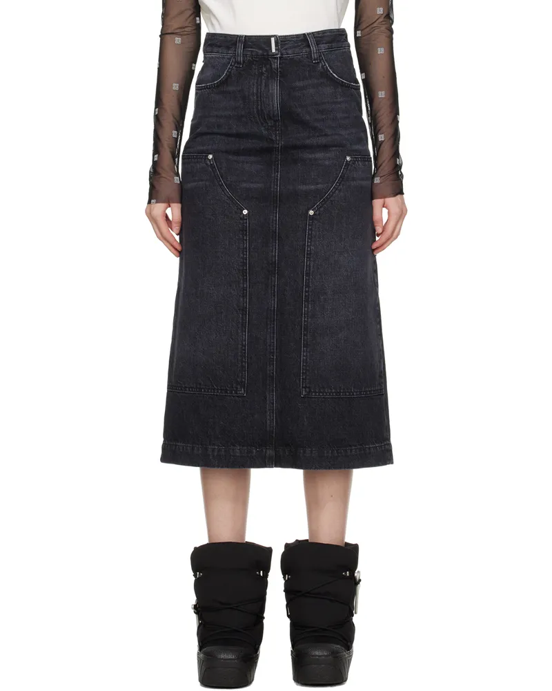 Givenchy Black Reinforced Panel Denim Midi Skirt 011-faded