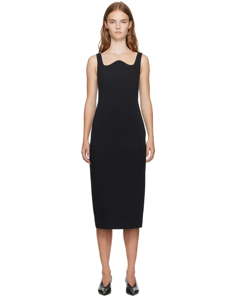 RECTO Black Signature Curved Neck Midi Dress Black