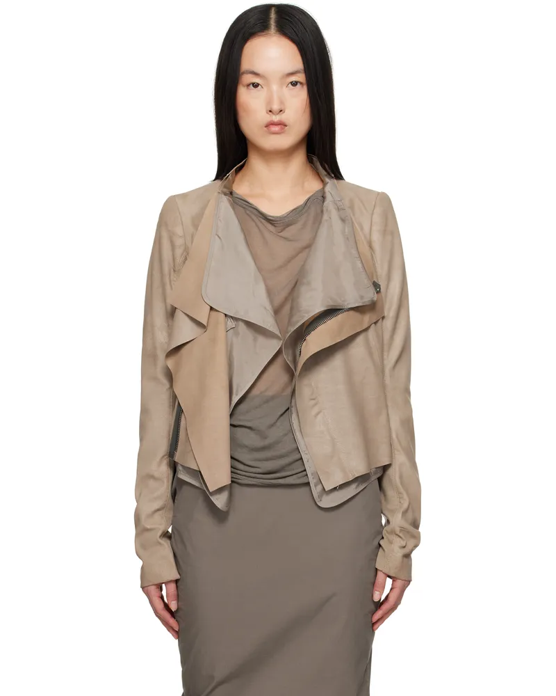 Rick Owens Beige Hollywood Low Neck Leather Biker Jacket 64