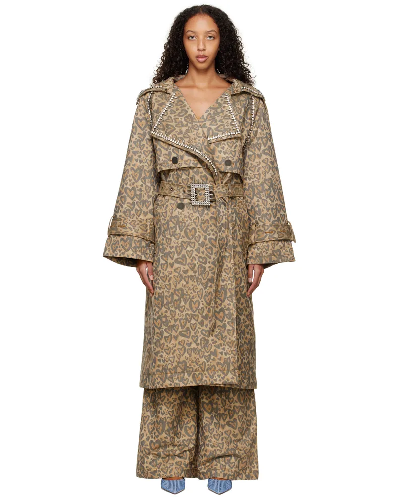 Area Tan Heart Leopard Trench Coat Brown