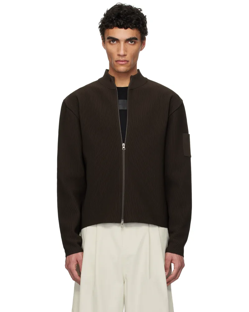 AMOMENTO Brown Mock Neck Zip-Up Cardigan Dark