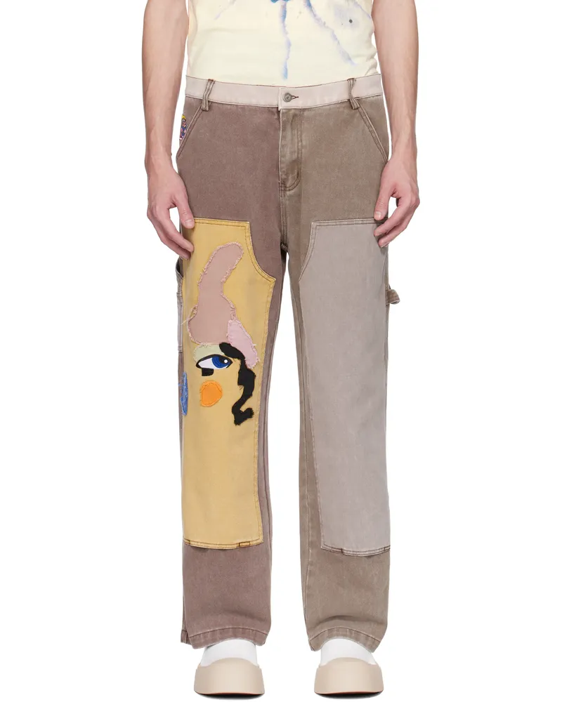 KidSuper Brown Patchwork Face Double Knee Trousers Brown