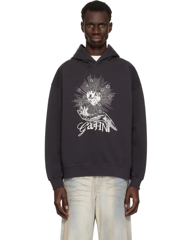 Ganni Black Isoli Heart Oversized Hoodie Phantom
