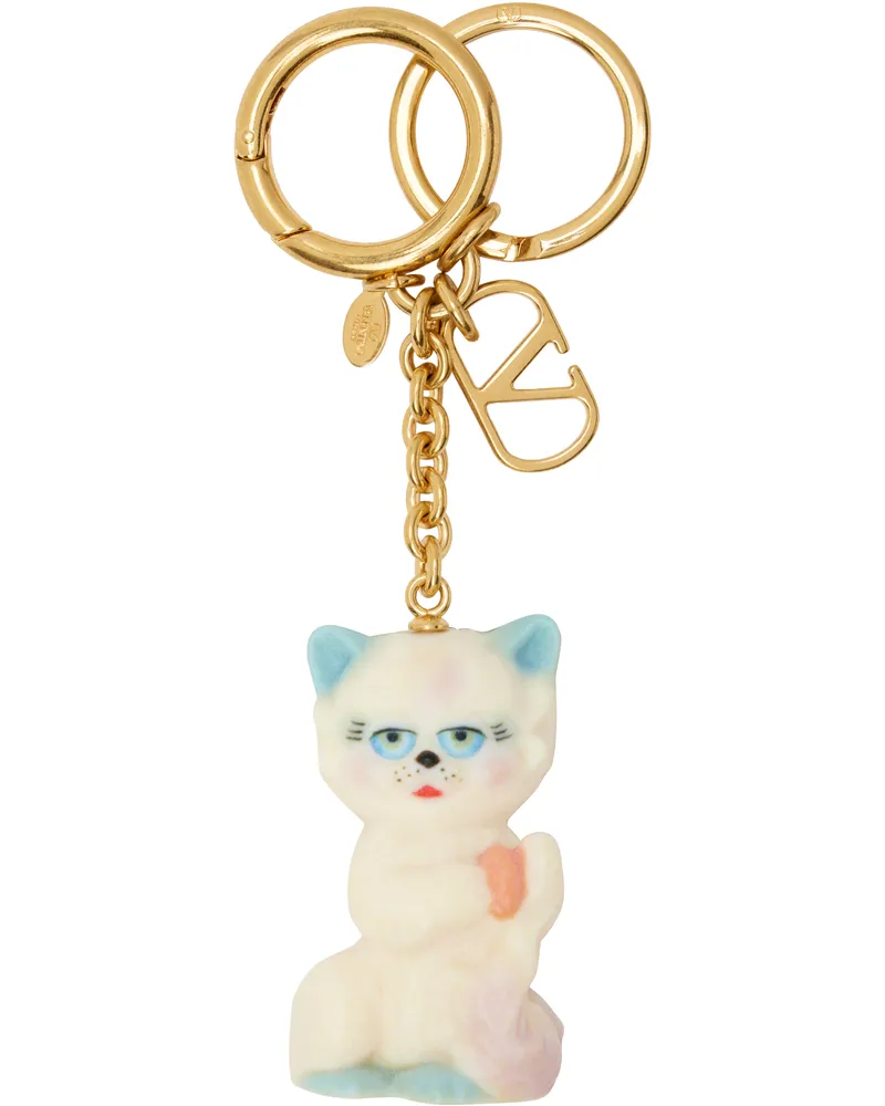 Valentino Garavani Gold & Off-White 'Le Chat De La Maison' Nylon Keychain 190