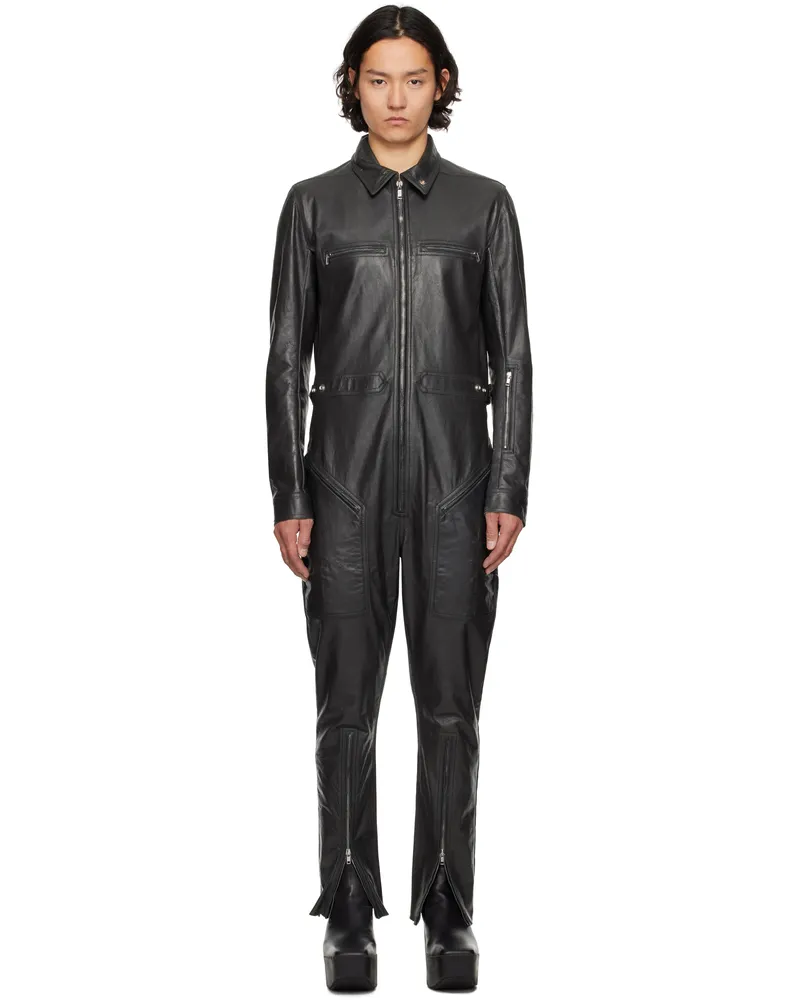 Rick Owens Black Hollywood Headon Flightsuit Leather Jumpsuit 09
