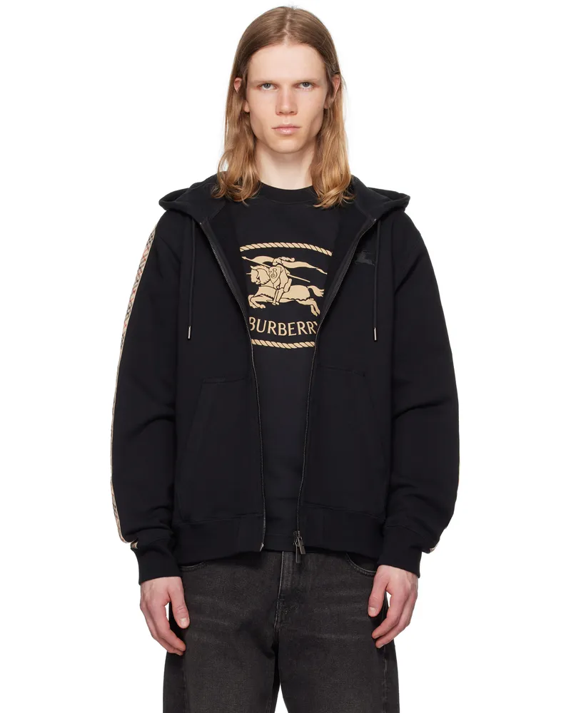 Burberry Black Check Trim Cotton Zip Hoodie Black