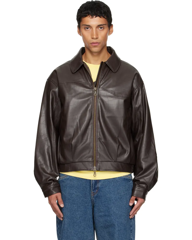 Dime Brown Debossed Wavy Faux-Leather Jacket Brown